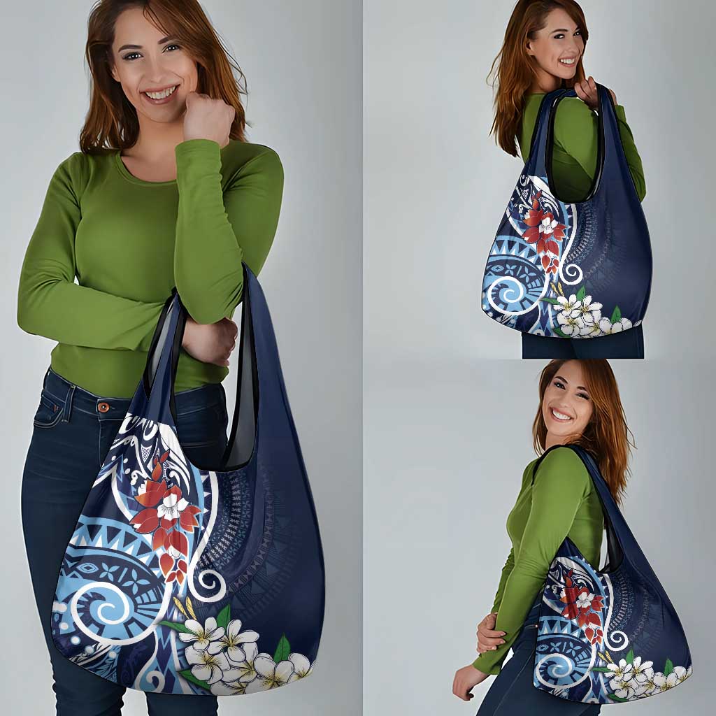 Bula Fiji Tagimaucia Mix Plumeria Masi Tapa Grocery Bag Blue