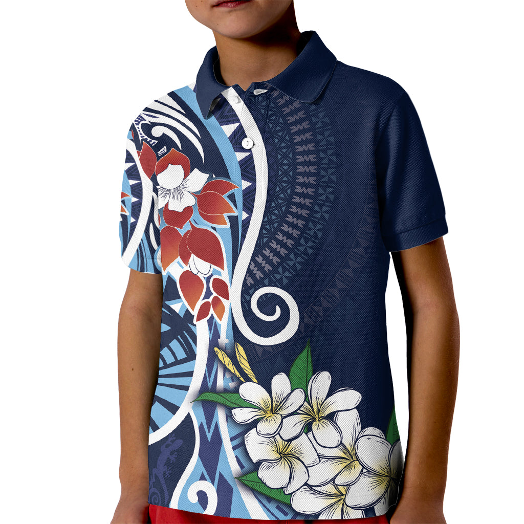 Bula Fiji Tagimaucia Mix Plumeria Masi Tapa Kid Polo Shirt Blue LT7 Kid Blue - Polynesian Pride