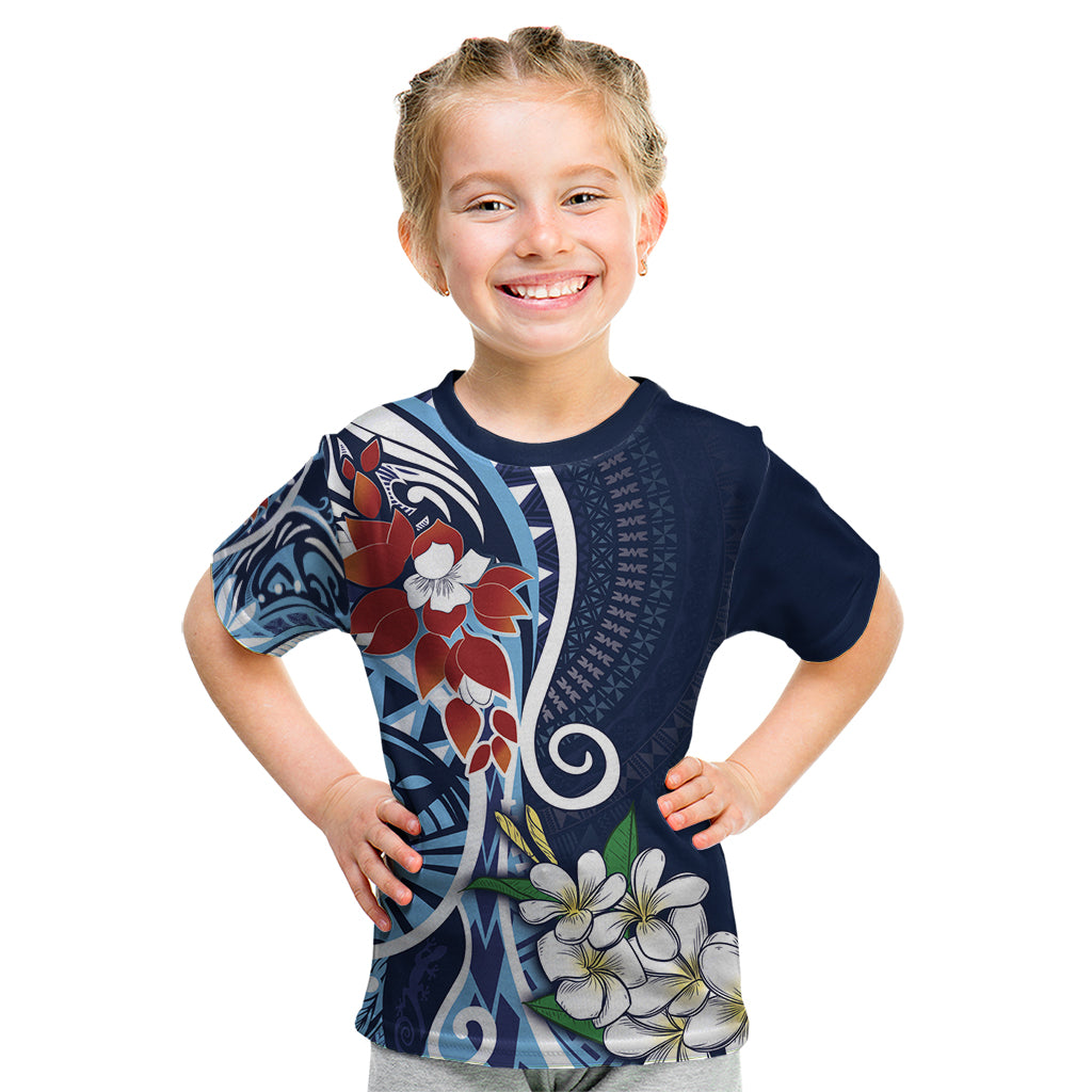 Bula Fiji Tagimaucia Mix Plumeria Masi Tapa Kid T Shirt Blue LT7 Blue - Polynesian Pride