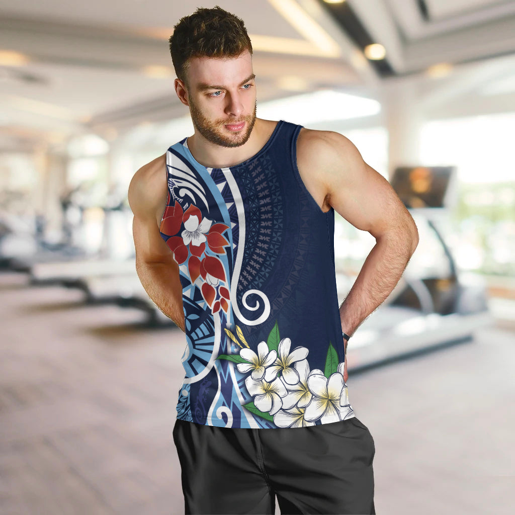 Bula Fiji Tagimaucia Mix Plumeria Masi Tapa Men Tank Top Blue LT7 Blue - Polynesian Pride