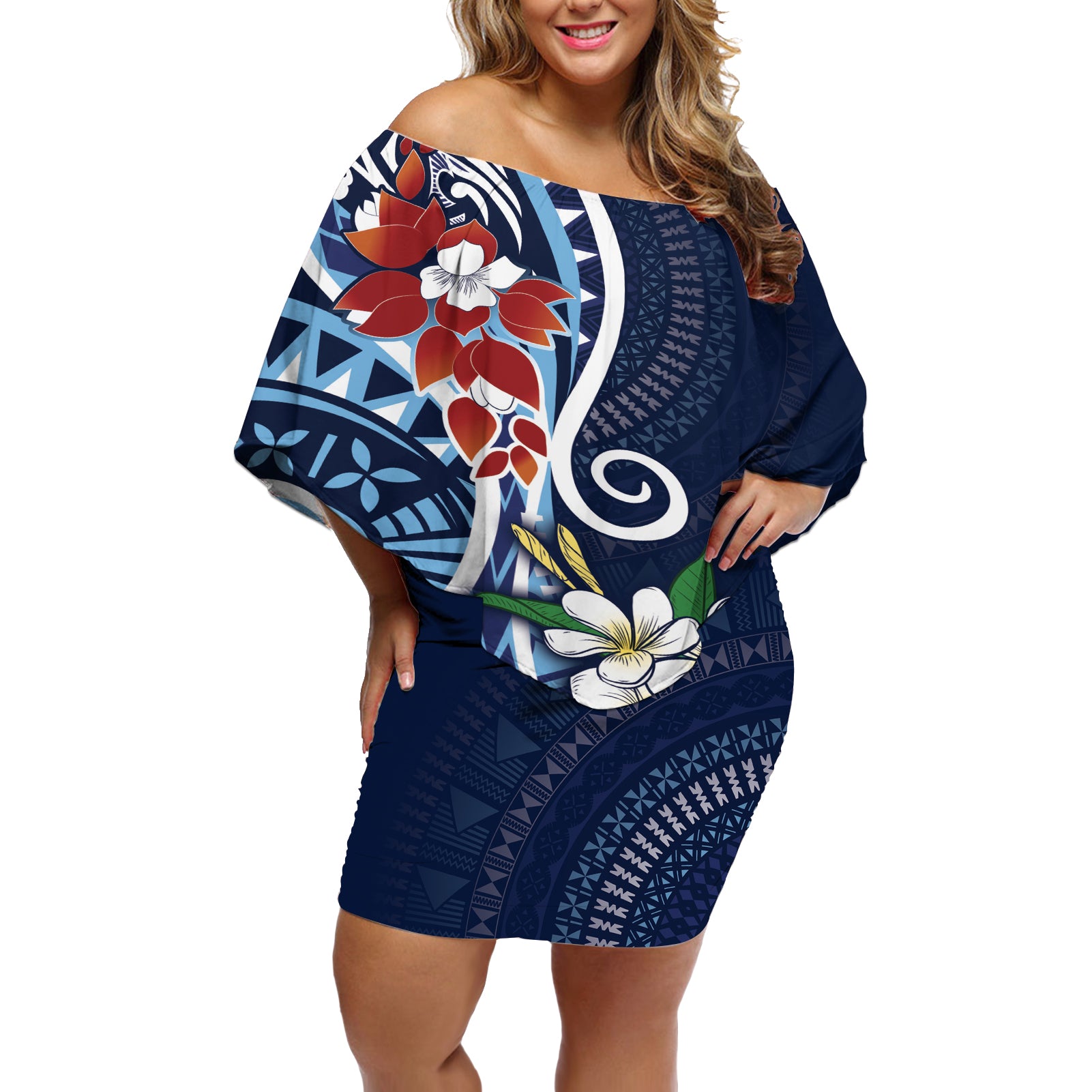 Bula Fiji Tagimaucia Mix Plumeria Masi Tapa Off Shoulder Short Dress Blue LT7 Women Blue - Polynesian Pride