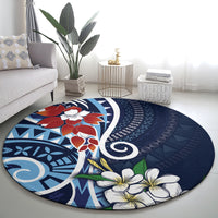 Bula Fiji Tagimaucia Mix Plumeria Masi Tapa Round Carpet Blue