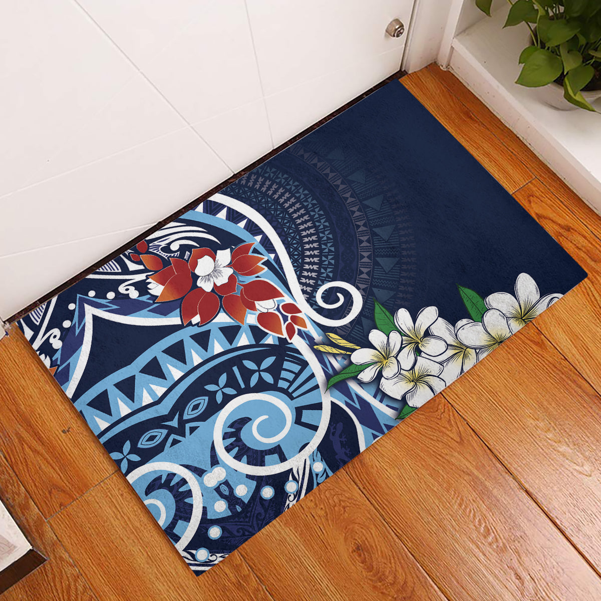 Bula Fiji Tagimaucia Mix Plumeria Masi Tapa Rubber Doormat Blue