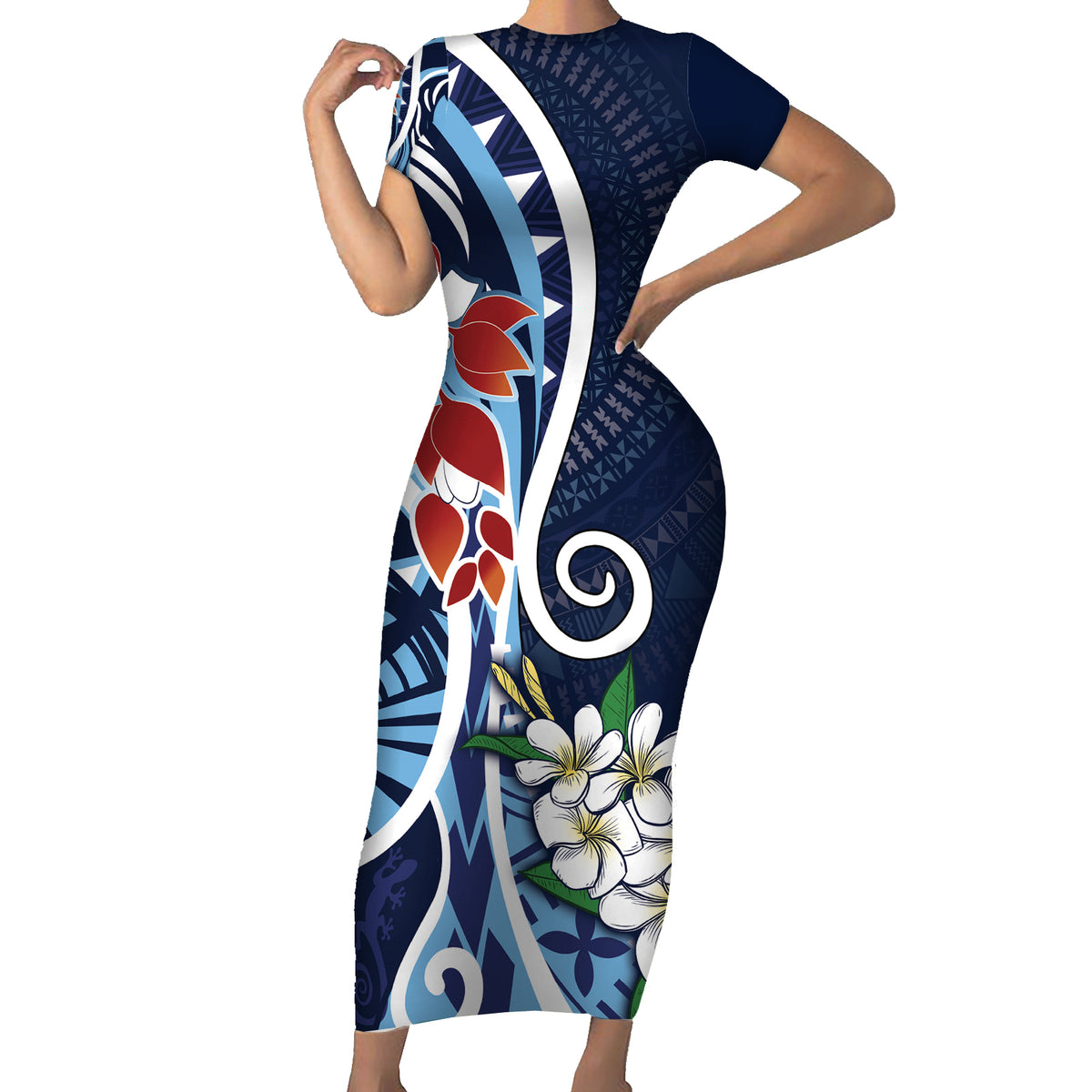 Bula Fiji Tagimaucia Mix Plumeria Masi Tapa Short Sleeve Bodycon Dress Blue LT7 Long Dress Blue - Polynesian Pride