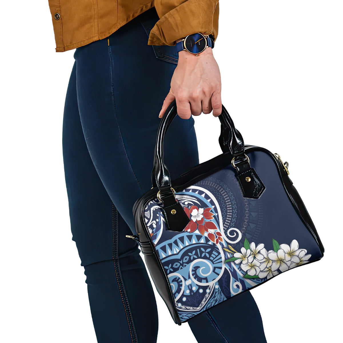 Bula Fiji Tagimaucia Mix Plumeria Masi Tapa Shoulder Handbag Blue