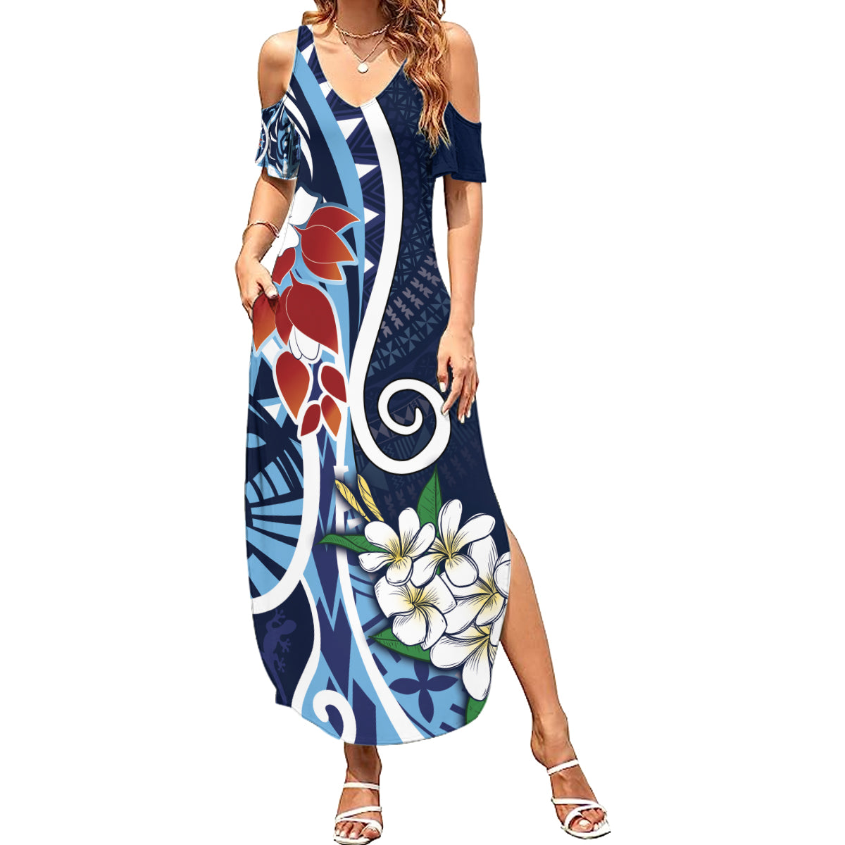 Bula Fiji Tagimaucia Mix Plumeria Masi Tapa Summer Maxi Dress Blue LT7 Women Blue - Polynesian Pride