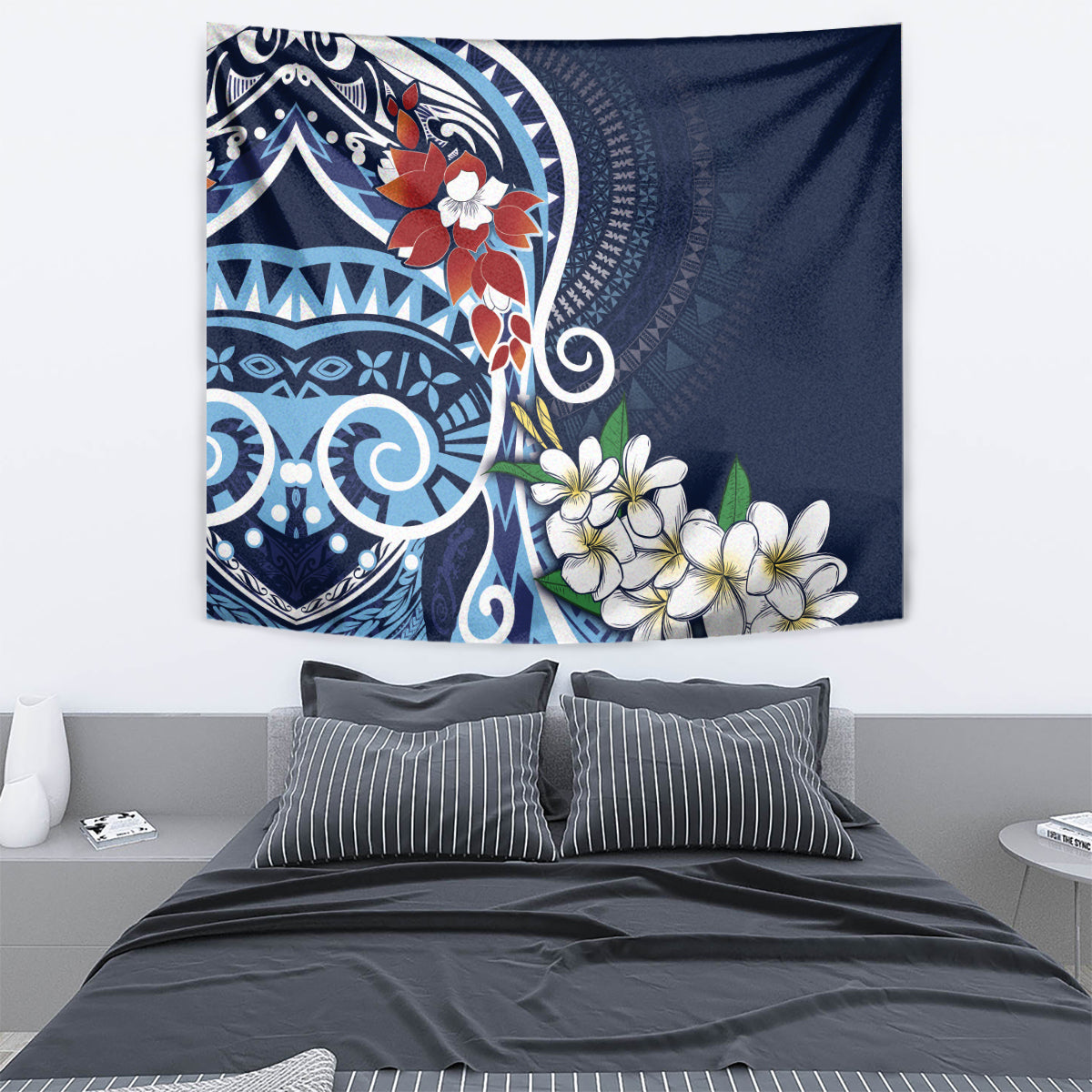 Bula Fiji Tagimaucia Mix Plumeria Masi Tapa Tapestry Blue