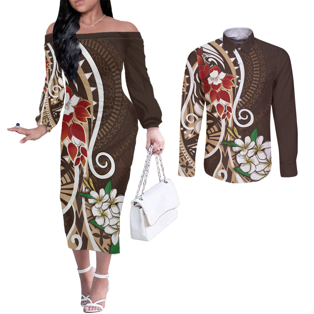 Bula Fiji Tagimaucia Mix Plumeria Masi Tapa Couples Matching Off The Shoulder Long Sleeve Dress and Long Sleeve Button Shirt Brown LT7 Brown - Polynesian Pride
