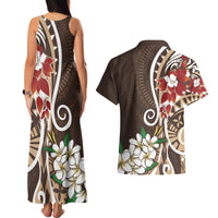 Bula Fiji Tagimaucia Mix Plumeria Masi Tapa Couples Matching Tank Maxi Dress and Hawaiian Shirt Brown LT7 - Polynesian Pride