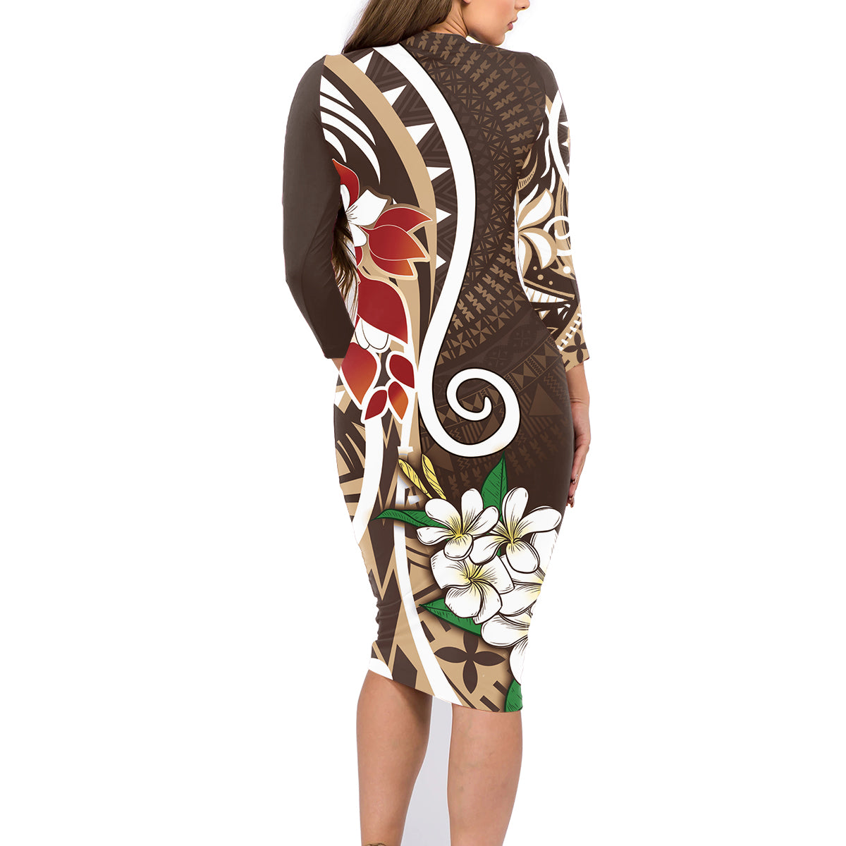 Bula Fiji Tagimaucia Mix Plumeria Masi Tapa Family Matching Long Sleeve Bodycon Dress and Hawaiian Shirt Brown LT7 - Polynesian Pride