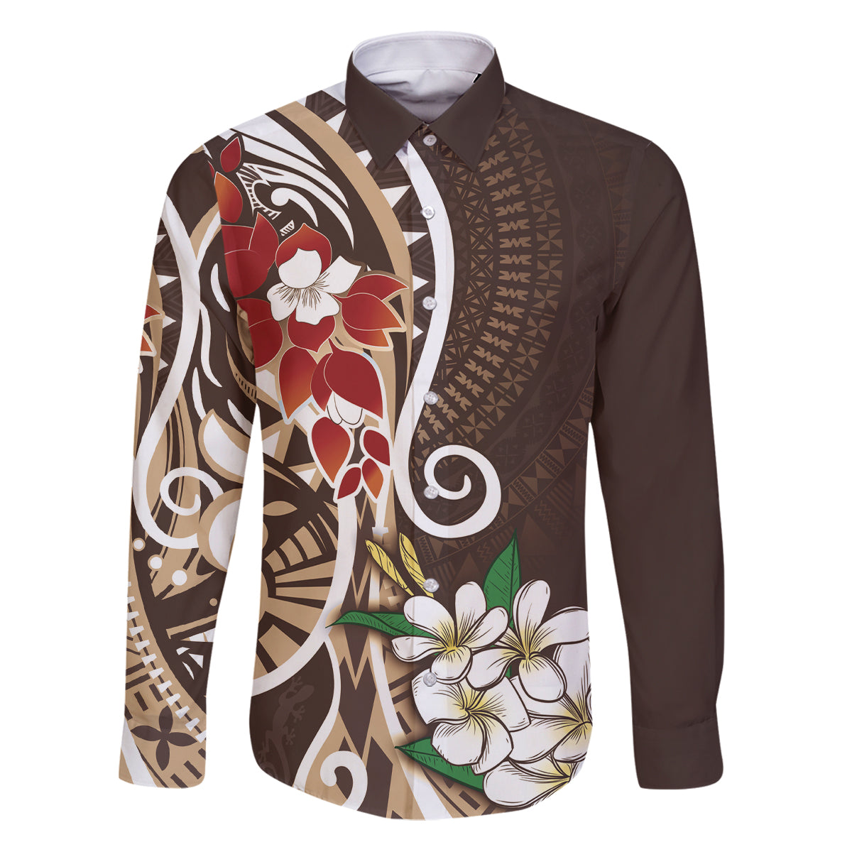 Bula Fiji Tagimaucia Mix Plumeria Masi Tapa Family Matching Puletasi and Hawaiian Shirt Brown LT7 Dad's Shirt - Long Sleeve Brown - Polynesian Pride
