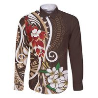 Bula Fiji Tagimaucia Mix Plumeria Masi Tapa Family Matching Puletasi and Hawaiian Shirt Brown LT7 Dad's Shirt - Long Sleeve Brown - Polynesian Pride