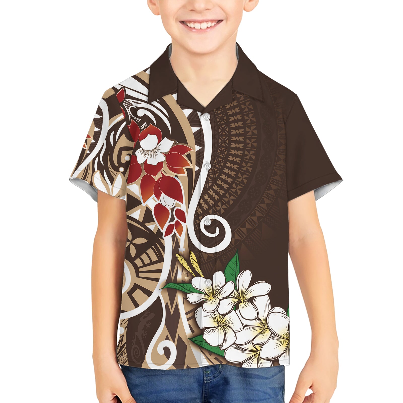 Bula Fiji Tagimaucia Mix Plumeria Masi Tapa Kid Hawaiian Shirt Brown LT7 Kid Brown - Polynesian Pride