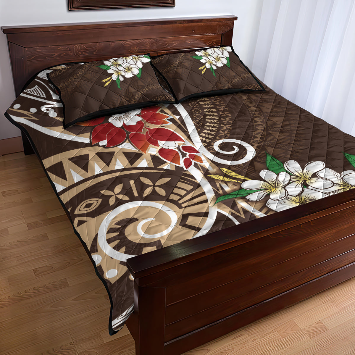 Bula Fiji Tagimaucia Mix Plumeria Masi Tapa Quilt Bed Set Brown