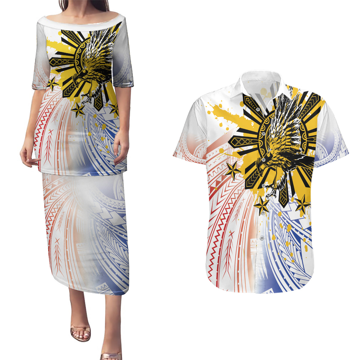 Philippines Independence Day Couples Matching Puletasi and Hawaiian Shirt Eagle Mix Filipino Flag Tribal Style