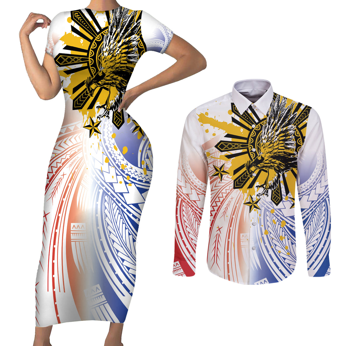 Philippines Independence Day Couples Matching Short Sleeve Bodycon Dress and Long Sleeve Button Shirt Eagle Mix Filipino Flag Tribal Style