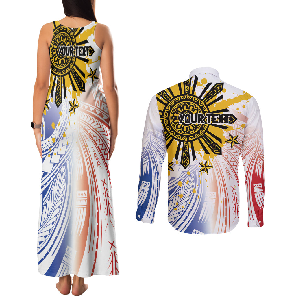 Philippines Independence Day Couples Matching Tank Maxi Dress and Long Sleeve Button Shirt Eagle Mix Filipino Flag Tribal Style