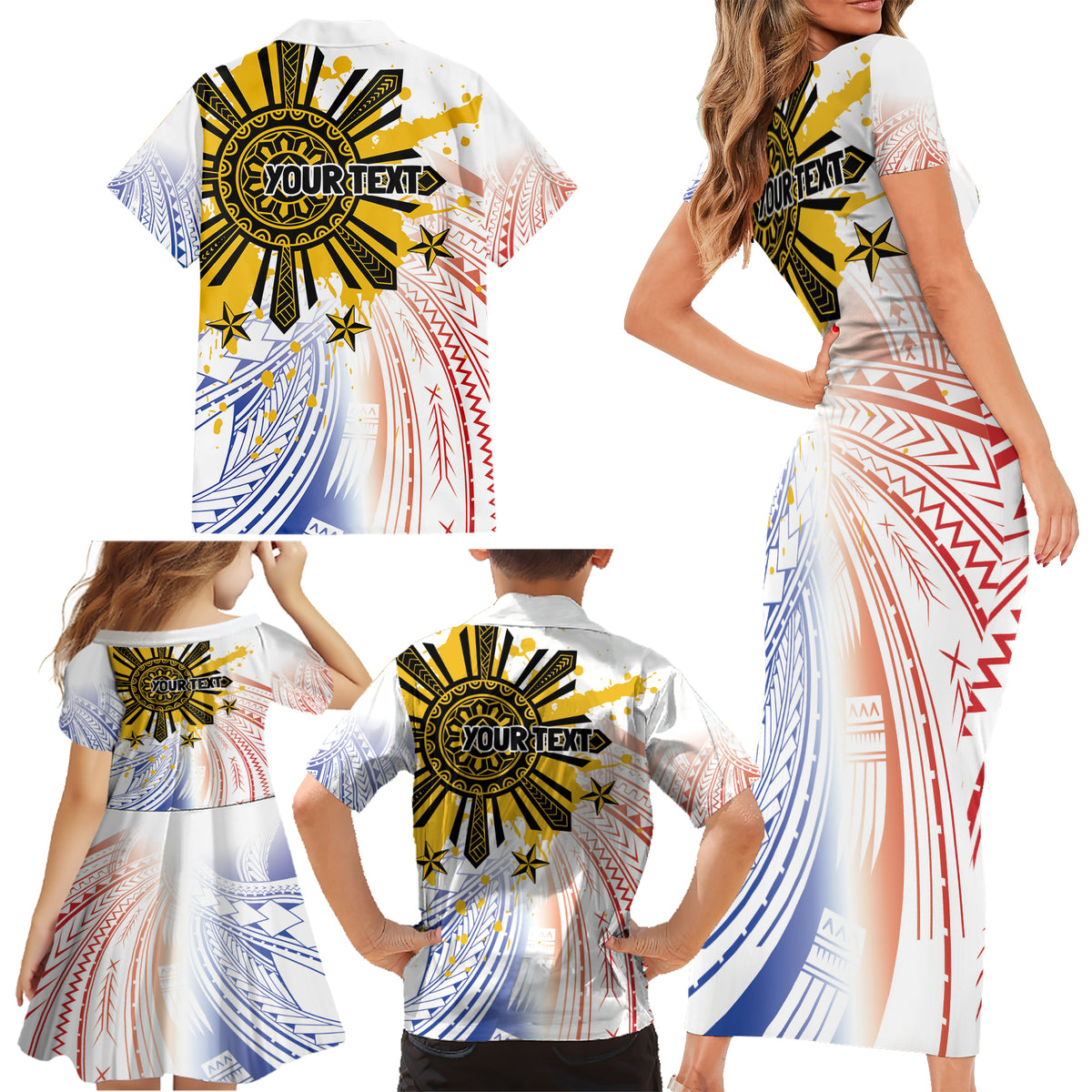 Philippines Independence Day Family Matching Short Sleeve Bodycon Dress and Hawaiian Shirt Eagle Mix Filipino Flag Tribal Style