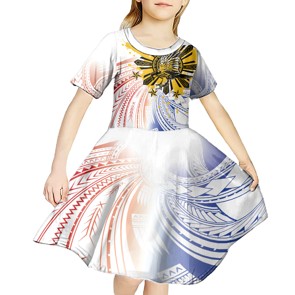 Philippines Independence Day Kid Short Sleeve Dress Eagle Mix Filipino Flag Tribal Style