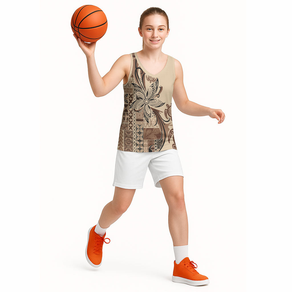 Talofa Samoa Mamanu Siapo Mix Malu Basketball Jersey Classic Beige Frangipani and Turtles