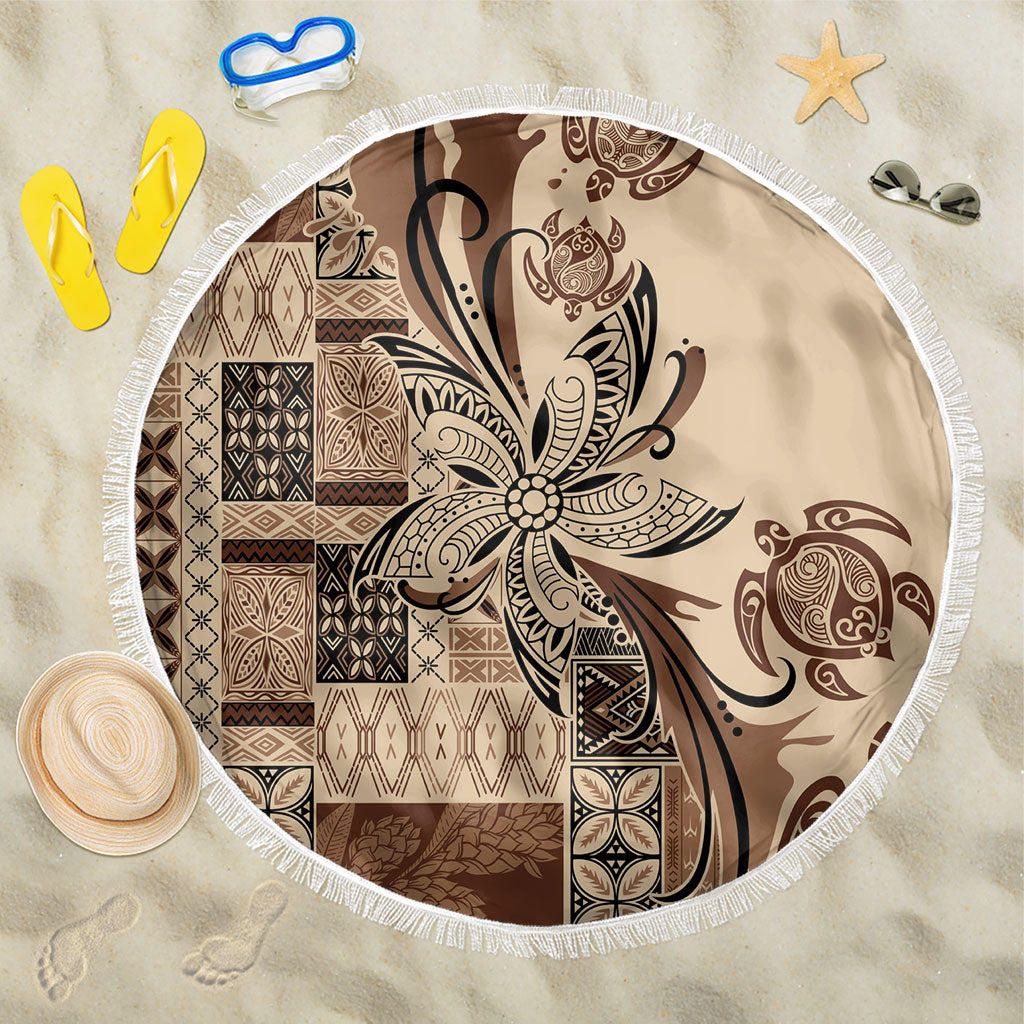 Talofa Samoa Mamanu Siapo Mix Malu Beach Blanket Classic Beige Frangipani and Turtles LT7 One Size 150cm Beige - Polynesian Pride