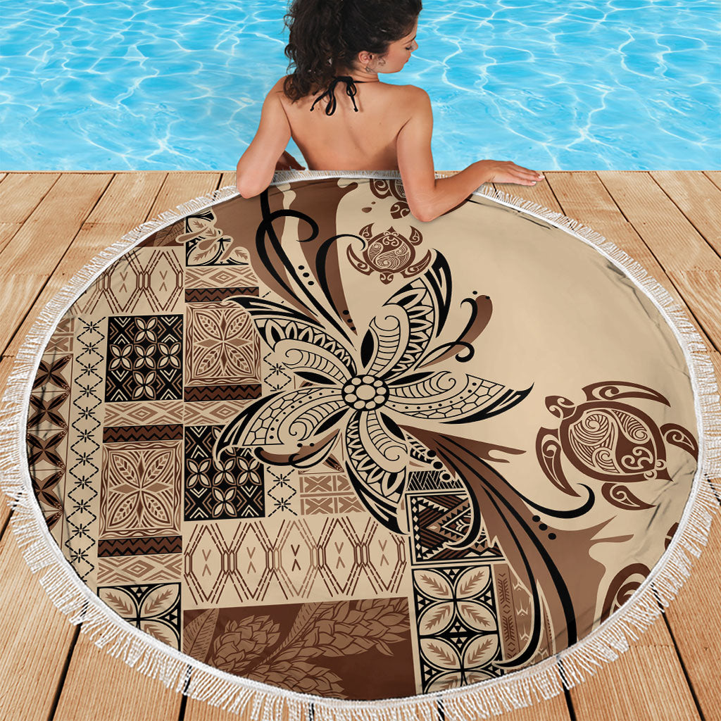 Talofa Samoa Mamanu Siapo Mix Malu Beach Blanket Classic Beige Frangipani and Turtles LT7 - Polynesian Pride