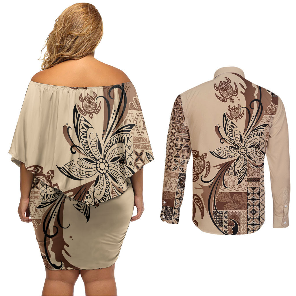 Talofa Samoa Mamanu Siapo Mix Malu Couples Matching Off Shoulder Short Dress and Long Sleeve Button Shirt Classic Beige Frangipani and Turtles