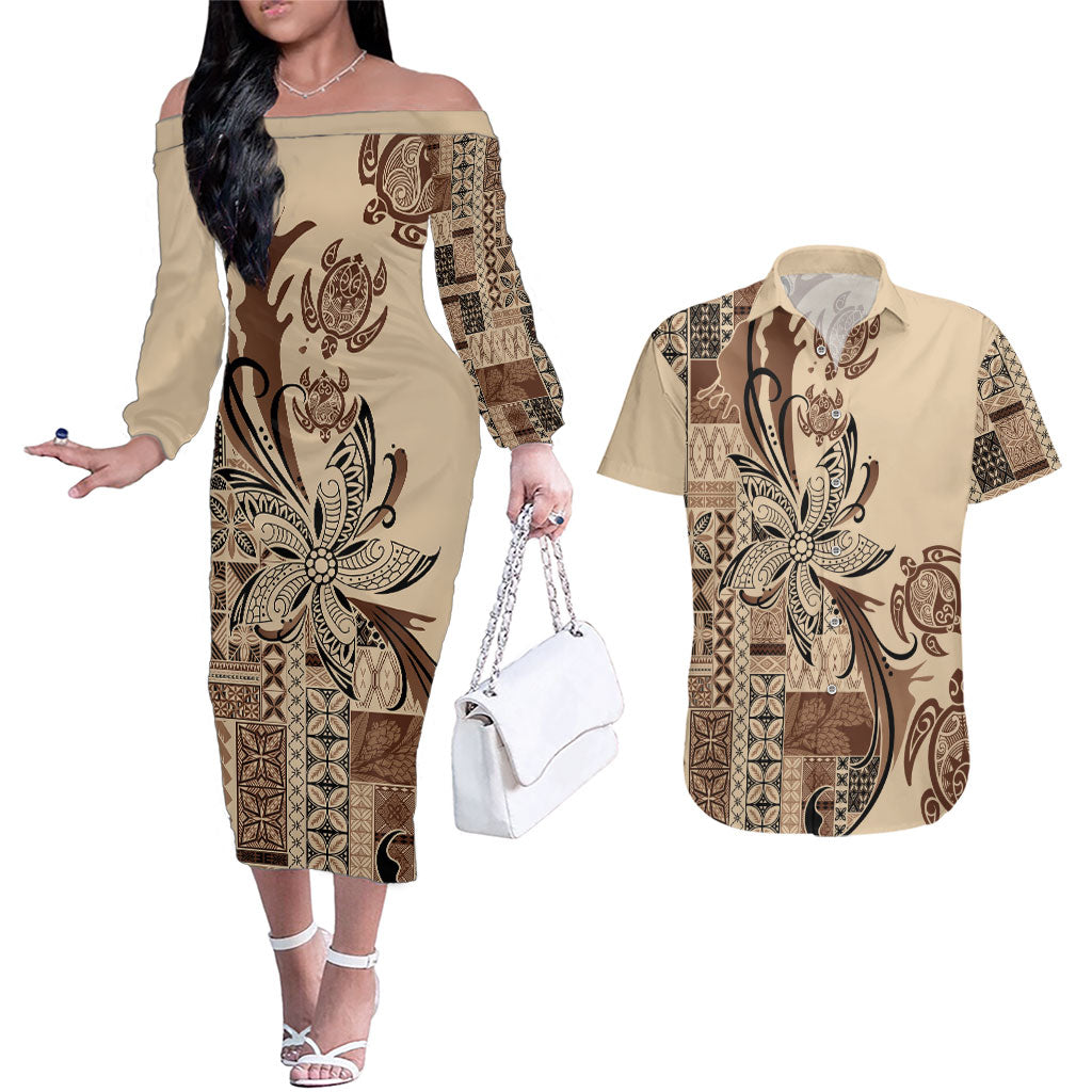 Talofa Samoa Mamanu Siapo Mix Malu Couples Matching Off The Shoulder Long Sleeve Dress and Hawaiian Shirt Classic Beige Frangipani and Turtles