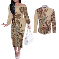 Talofa Samoa Mamanu Siapo Mix Malu Couples Matching Off The Shoulder Long Sleeve Dress and Long Sleeve Button Shirt Classic Beige Frangipani and Turtles LT7 Beige - Polynesian Pride