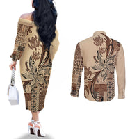 Talofa Samoa Mamanu Siapo Mix Malu Couples Matching Off The Shoulder Long Sleeve Dress and Long Sleeve Button Shirt Classic Beige Frangipani and Turtles LT7 - Polynesian Pride