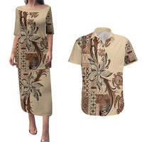 Talofa Samoa Mamanu Siapo Mix Malu Couples Matching Puletasi and Hawaiian Shirt Classic Beige Frangipani and Turtles