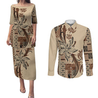 Talofa Samoa Mamanu Siapo Mix Malu Couples Matching Puletasi and Long Sleeve Button Shirt Classic Beige Frangipani and Turtles LT7 Beige - Polynesian Pride