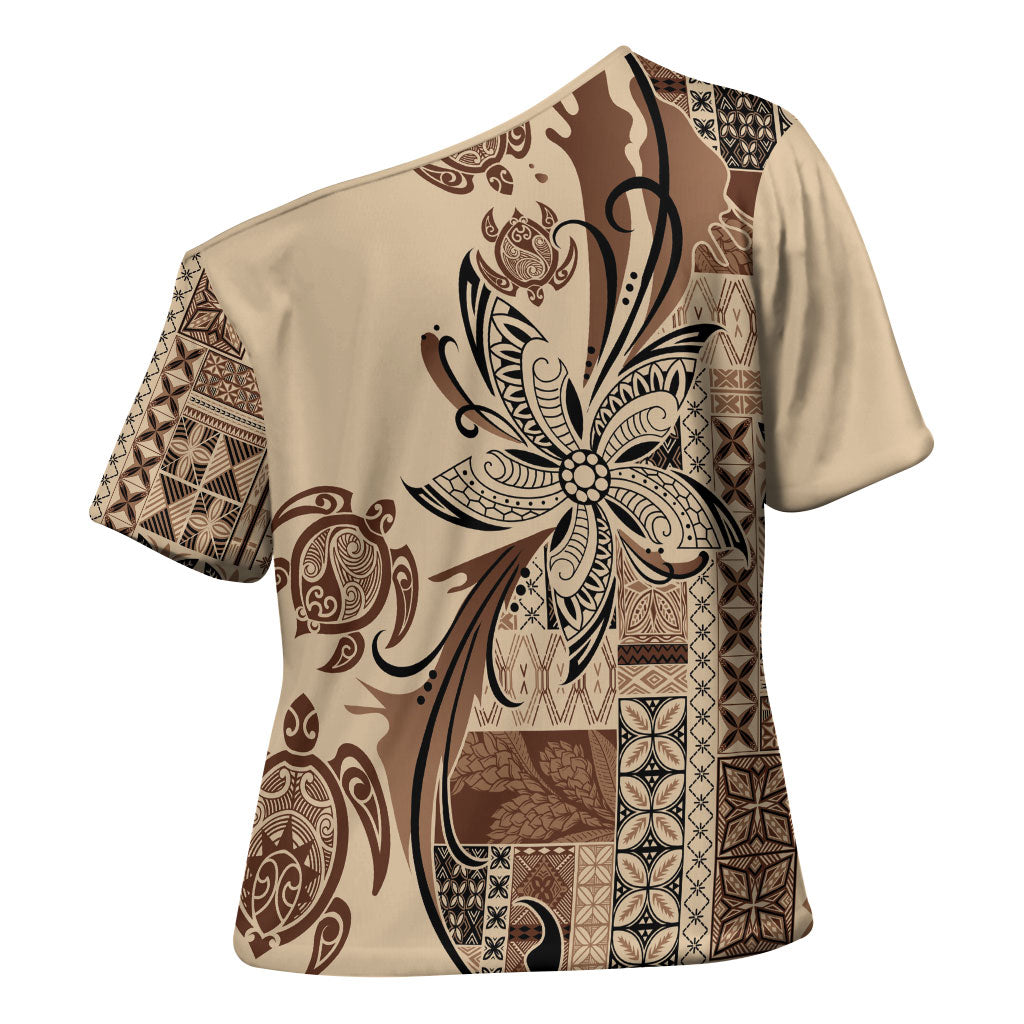 Talofa Samoa Mamanu Siapo Mix Malu Cross Shoulder Shirt Classic Beige Frangipani and Turtles