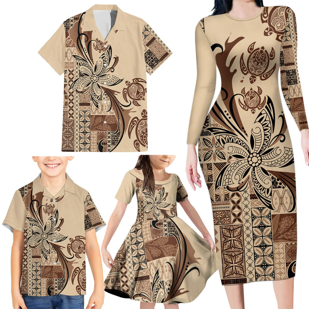 Talofa Samoa Mamanu Siapo Mix Malu Family Matching Long Sleeve Bodycon Dress and Hawaiian Shirt Classic Beige Frangipani and Turtles LT7 - Polynesian Pride