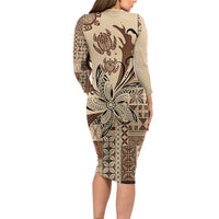 Talofa Samoa Mamanu Siapo Mix Malu Family Matching Long Sleeve Bodycon Dress and Hawaiian Shirt Classic Beige Frangipani and Turtles LT7 - Polynesian Pride
