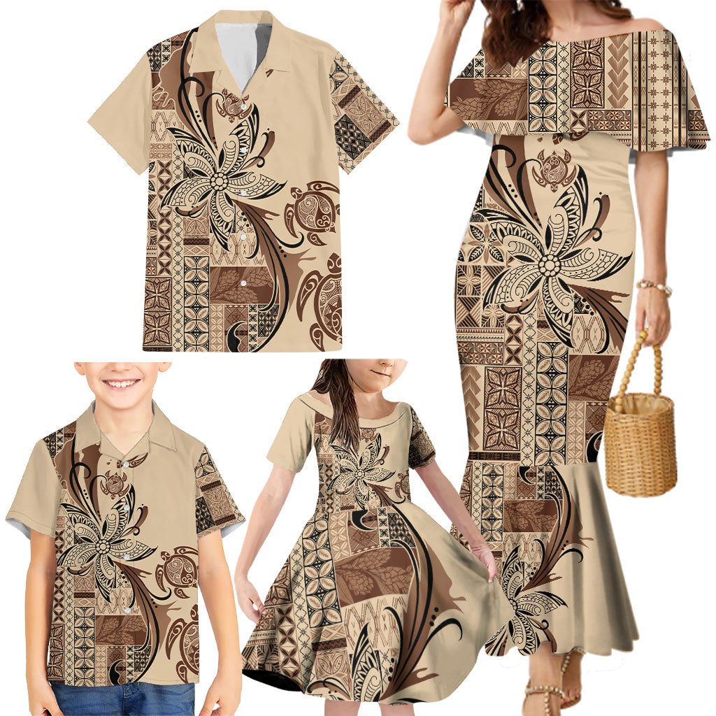 Talofa Samoa Mamanu Siapo Mix Malu Family Matching Mermaid Dress and Hawaiian Shirt Classic Beige Frangipani and Turtles LT7 - Polynesian Pride