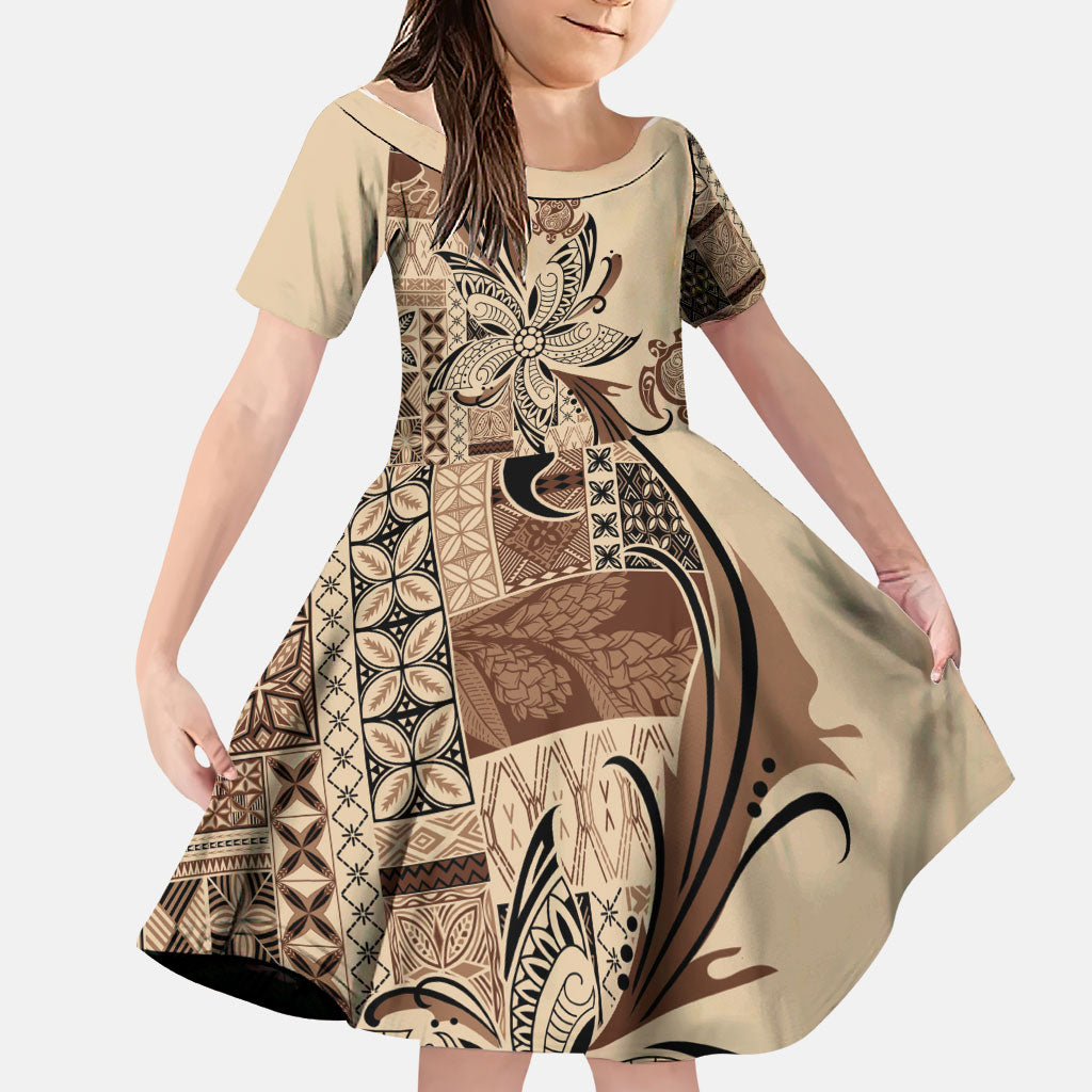 Talofa Samoa Mamanu Siapo Mix Malu Family Matching Off The Shoulder Long Sleeve Dress and Hawaiian Shirt Classic Beige Frangipani and Turtles LT7 Daughter's Dress Beige - Polynesian Pride