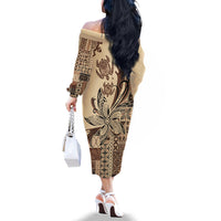 Talofa Samoa Mamanu Siapo Mix Malu Family Matching Off The Shoulder Long Sleeve Dress and Hawaiian Shirt Classic Beige Frangipani and Turtles LT7 - Polynesian Pride