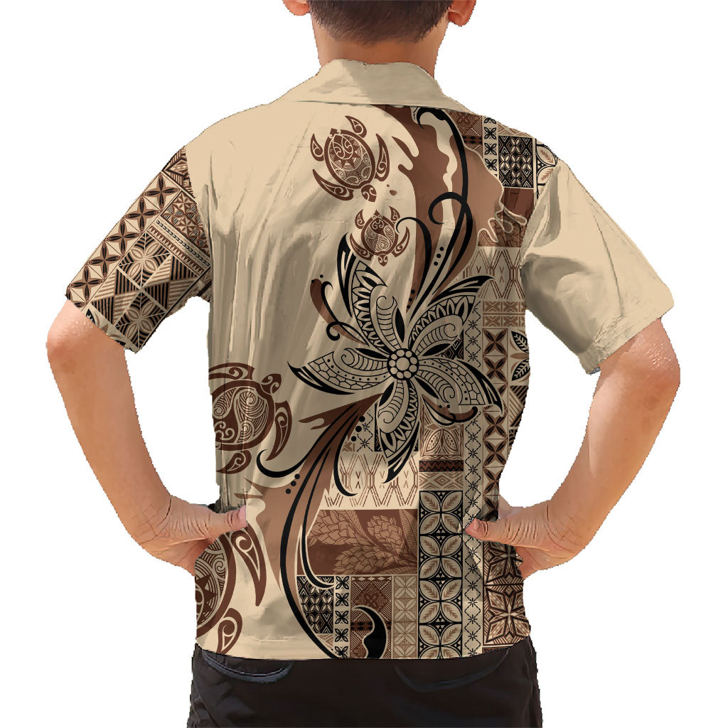 Talofa Samoa Mamanu Siapo Mix Malu Family Matching Off Shoulder Maxi Dress and Hawaiian Shirt Classic Beige Frangipani and Turtles LT7 - Polynesian Pride