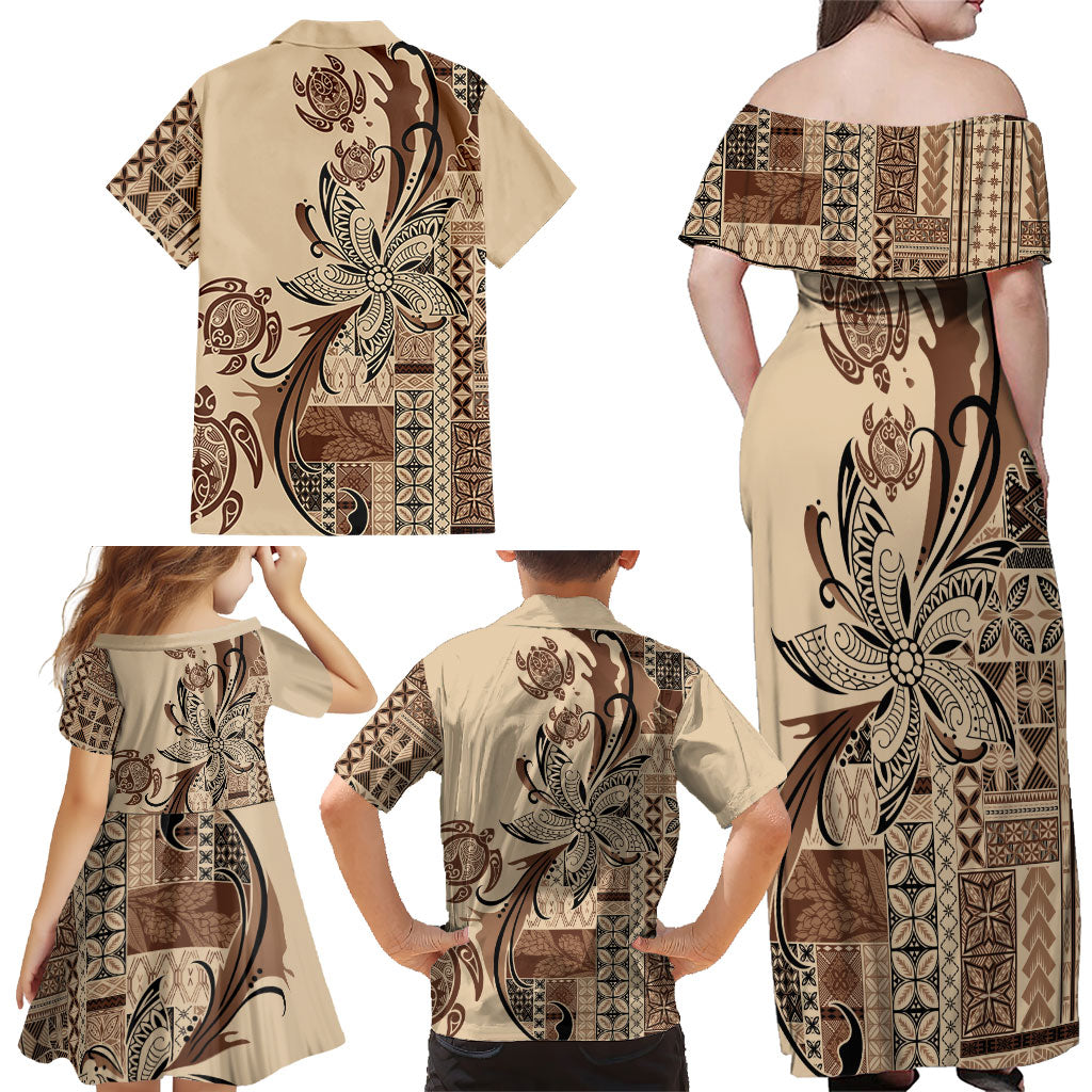 Talofa Samoa Mamanu Siapo Mix Malu Family Matching Off Shoulder Maxi Dress and Hawaiian Shirt Classic Beige Frangipani and Turtles LT7 - Polynesian Pride