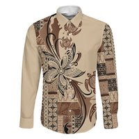 Talofa Samoa Mamanu Siapo Mix Malu Family Matching Off Shoulder Short Dress and Hawaiian Shirt Classic Beige Frangipani and Turtles LT7 Dad's Shirt - Long Sleeve Beige - Polynesian Pride