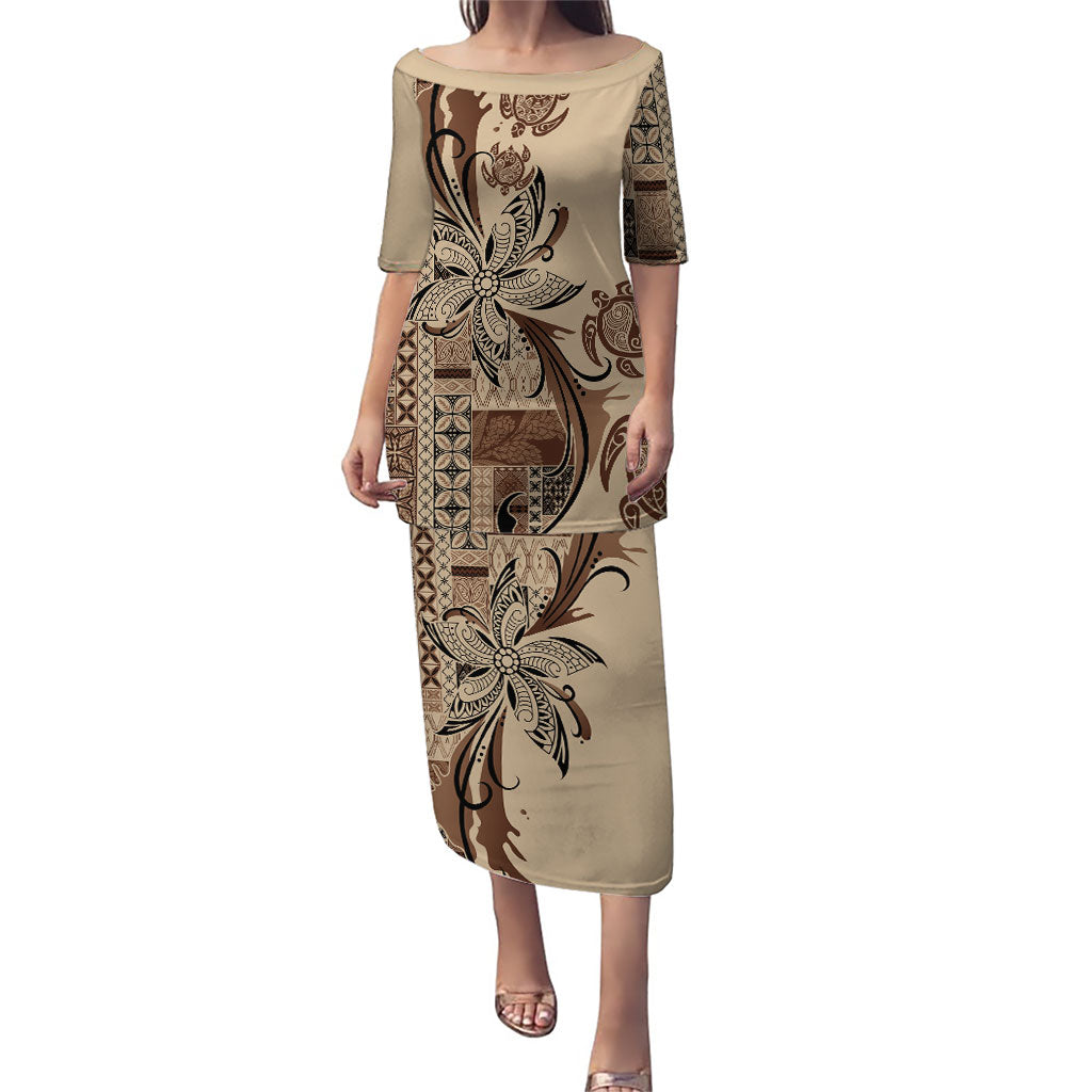 Talofa Samoa Mamanu Siapo Mix Malu Family Matching Puletasi and Hawaiian Shirt Classic Beige Frangipani and Turtles LT7 Mom's Dress Beige - Polynesian Pride