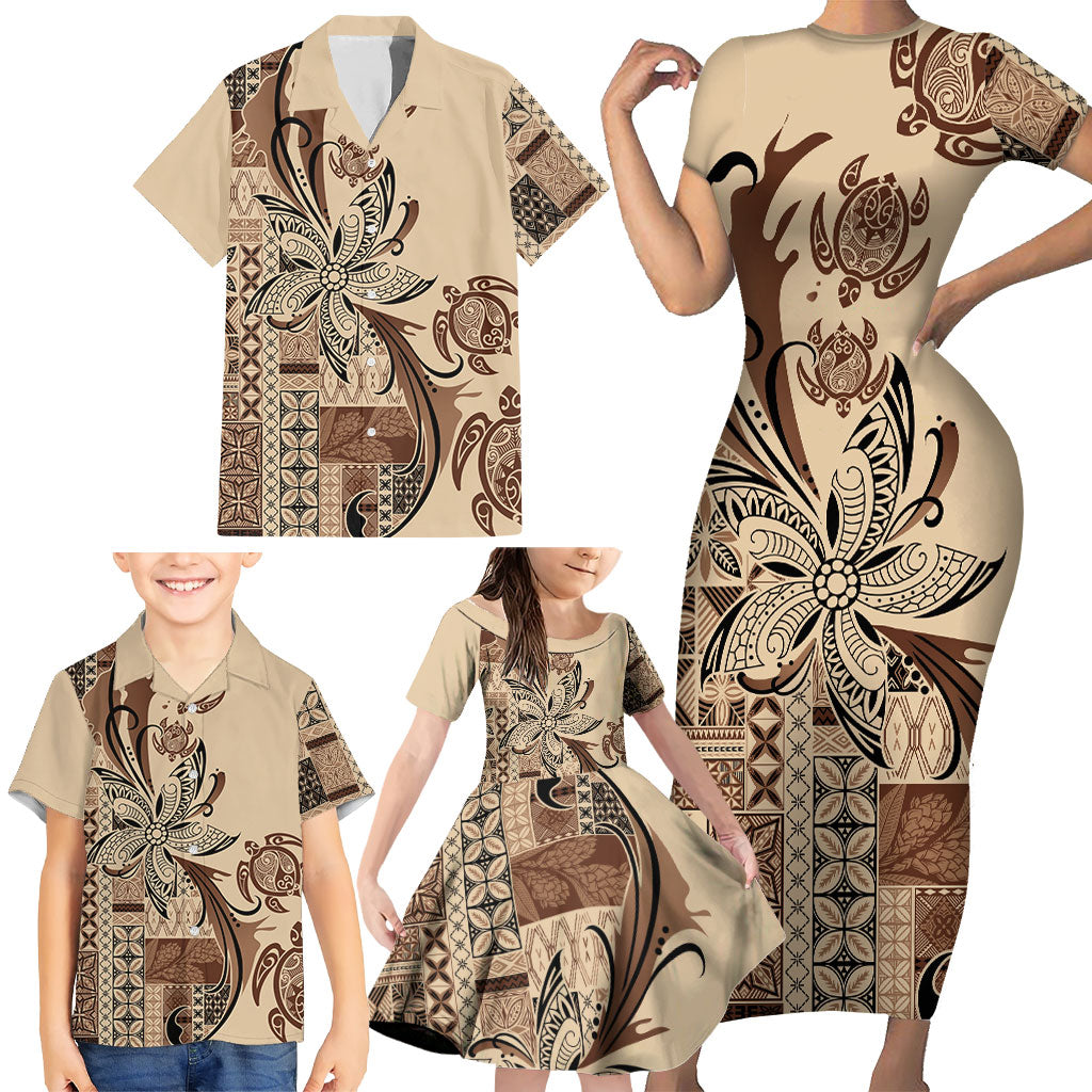 Talofa Samoa Mamanu Siapo Mix Malu Family Matching Short Sleeve Bodycon Dress and Hawaiian Shirt Classic Beige Frangipani and Turtles LT7 - Polynesian Pride