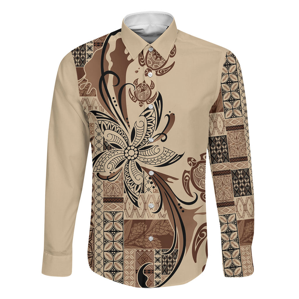 Talofa Samoa Mamanu Siapo Mix Malu Family Matching Short Sleeve Bodycon Dress and Hawaiian Shirt Classic Beige Frangipani and Turtles LT7 Dad's Shirt - Long Sleeve Beige - Polynesian Pride