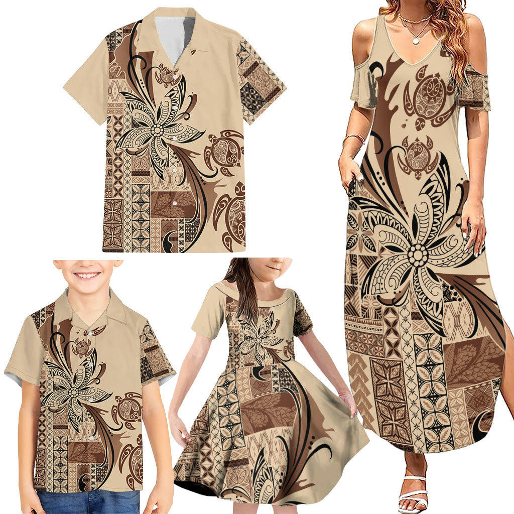 Talofa Samoa Mamanu Siapo Mix Malu Family Matching Summer Maxi Dress and Hawaiian Shirt Classic Beige Frangipani and Turtles
