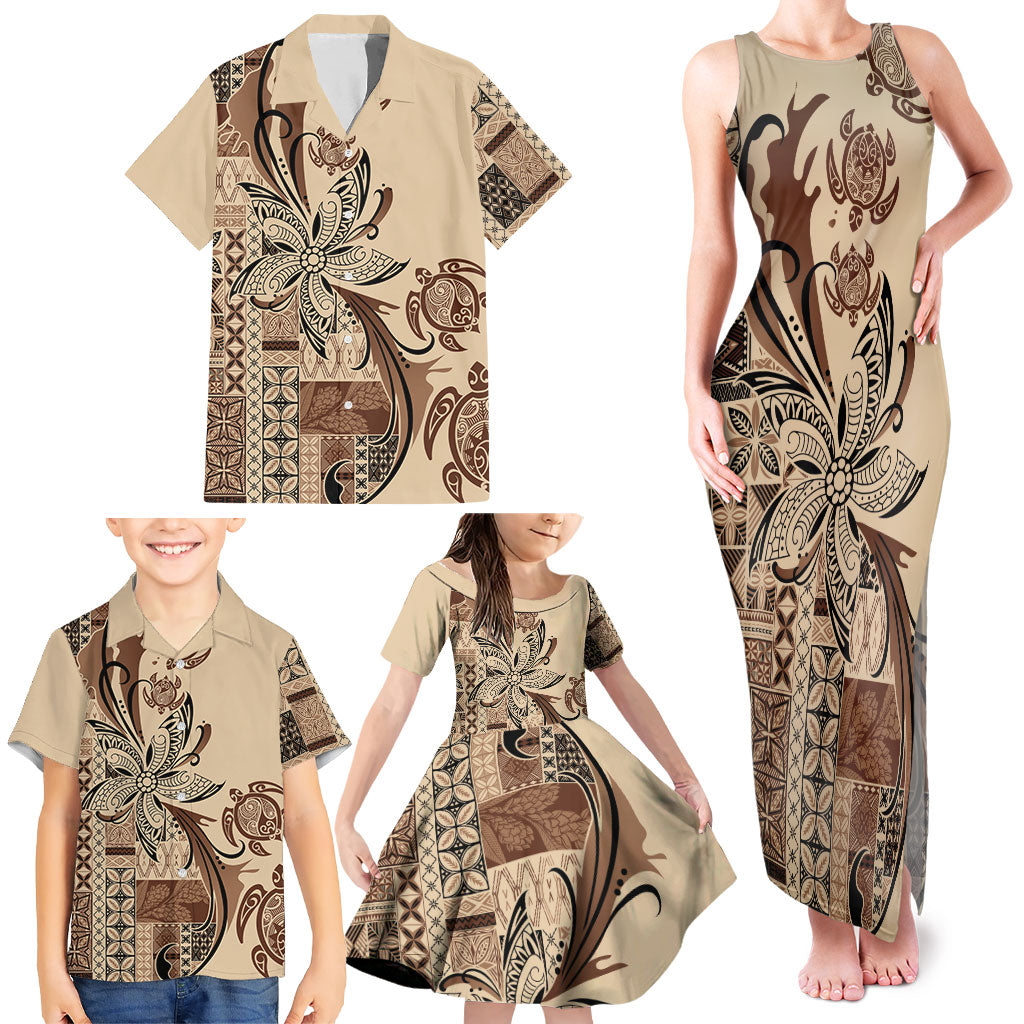 Talofa Samoa Mamanu Siapo Mix Malu Family Matching Tank Maxi Dress and Hawaiian Shirt Classic Beige Frangipani and Turtles