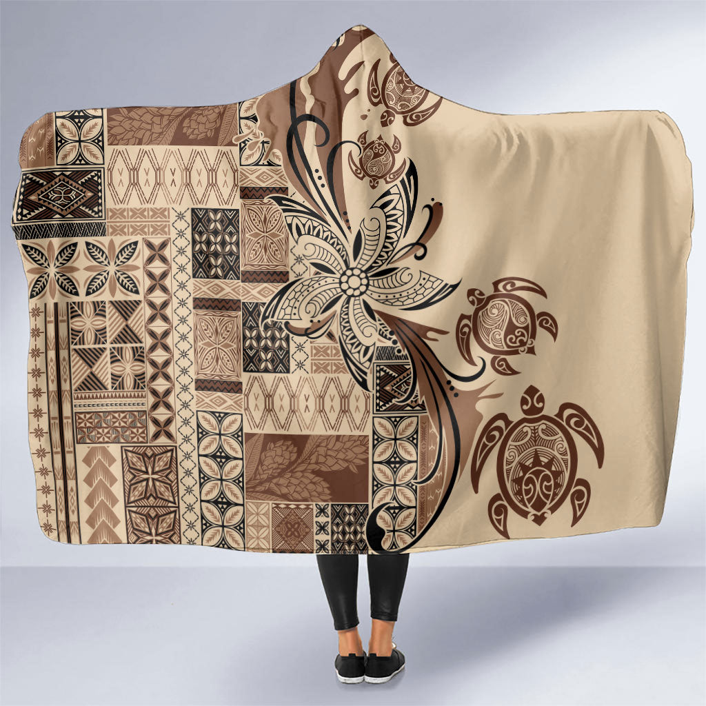 Talofa Samoa Mamanu Siapo Mix Malu Hooded Blanket Classic Beige Frangipani and Turtles