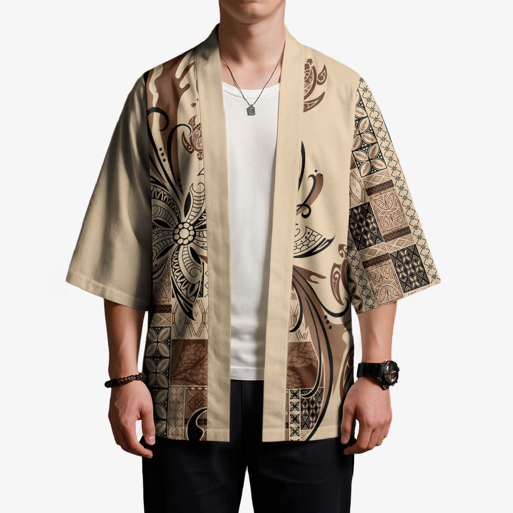 Talofa Samoa Mamanu Siapo Mix Malu Kimono Classic Beige Frangipani and Turtles LT7 - Polynesian Pride