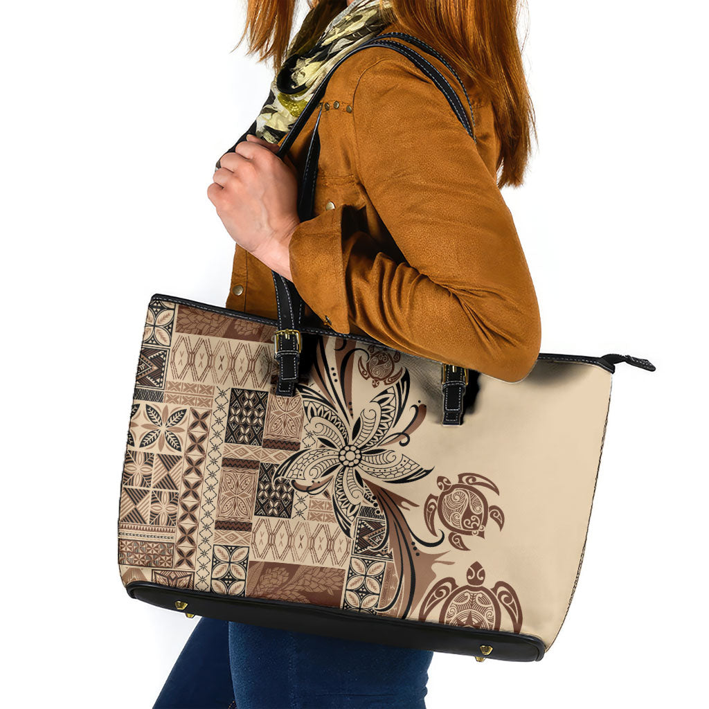 Talofa Samoa Mamanu Siapo Mix Malu Leather Tote Bag Classic Beige Frangipani and Turtles
