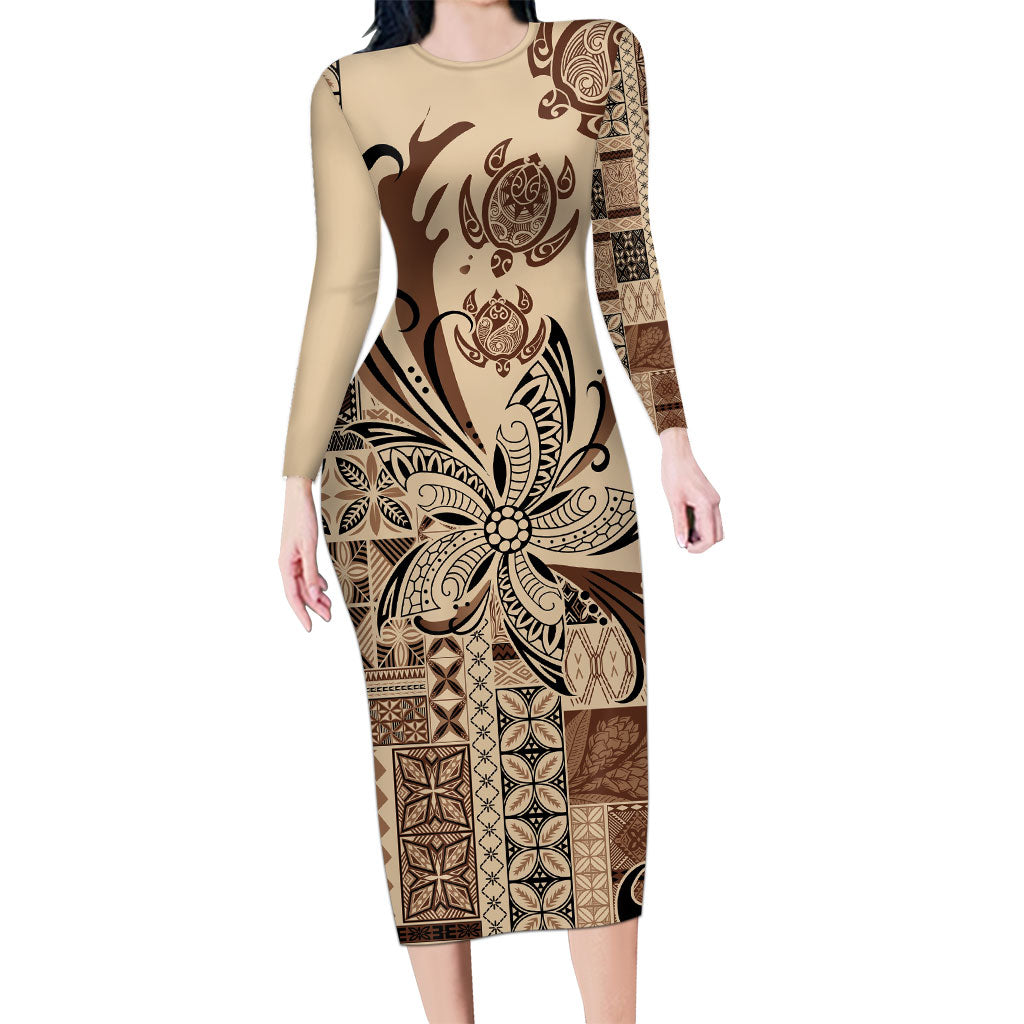 Talofa Samoa Mamanu Siapo Mix Malu Long Sleeve Bodycon Dress Classic Beige Frangipani and Turtles LT7 Long Dress Beige - Polynesian Pride